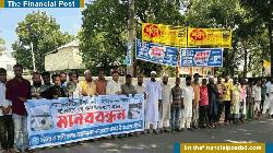 দোয়ারাবাজারে অবৈধ বালু-পাথর উত্তোলনের প্রতিবাদে মানববন্ধন